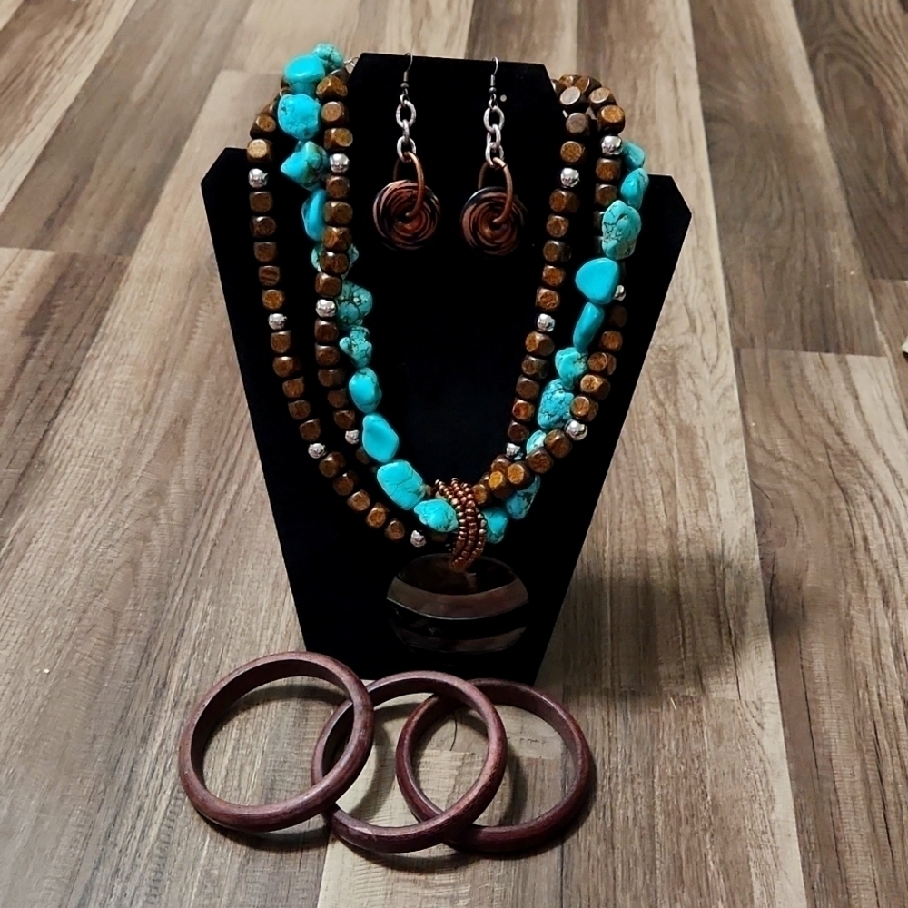 Turquoise & Brown Beaded Statement Necklace with matching earrings and bracelets